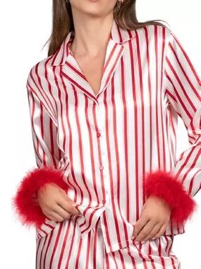 Linea Donatella Gift Wrapper Red and White Striped Pajama Top w/ Faux Fur Cuffs